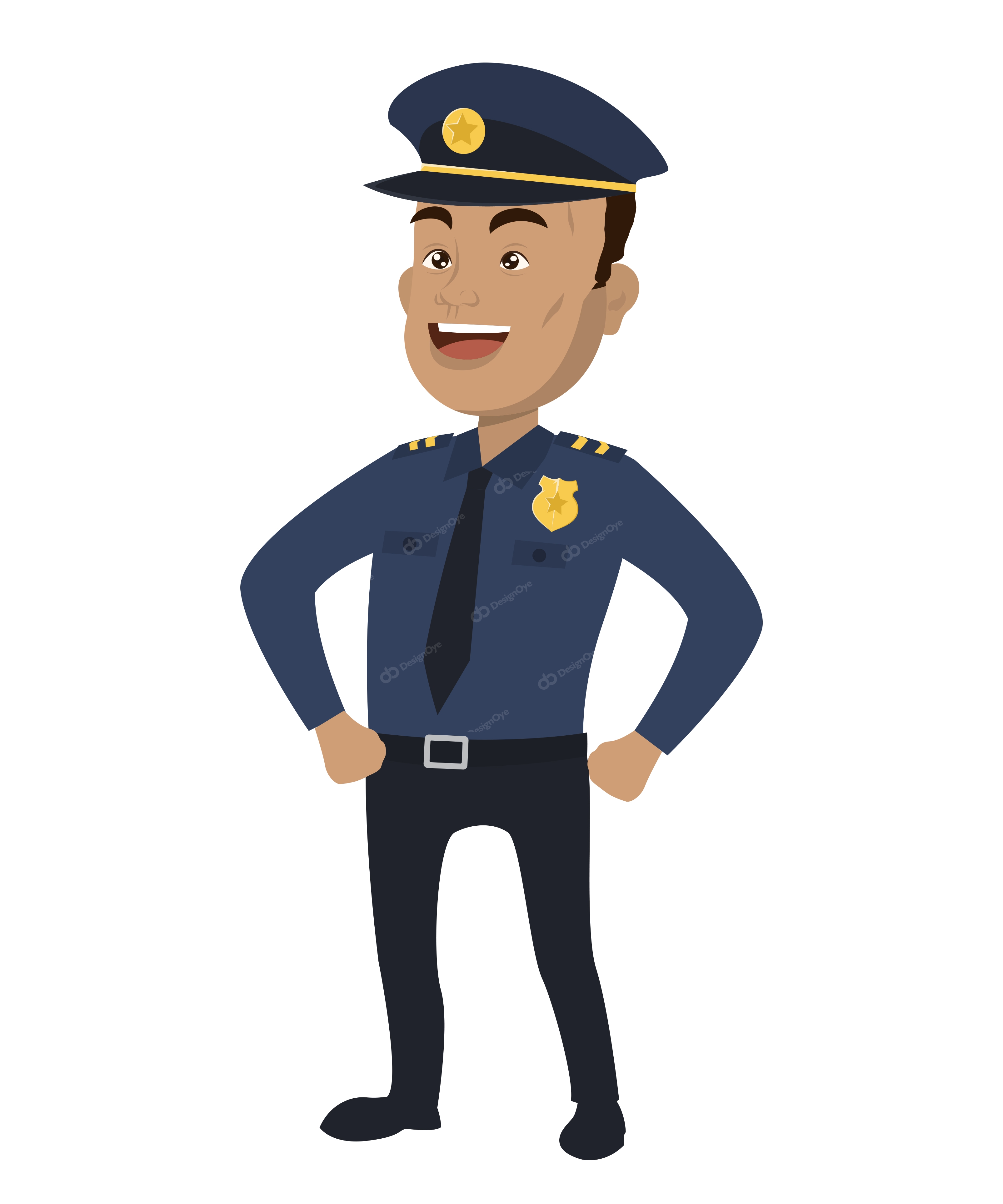 Male Security Guard Police Cop Blue Uniform Cap Brown Man Smiling Standing Character Vector Illustration